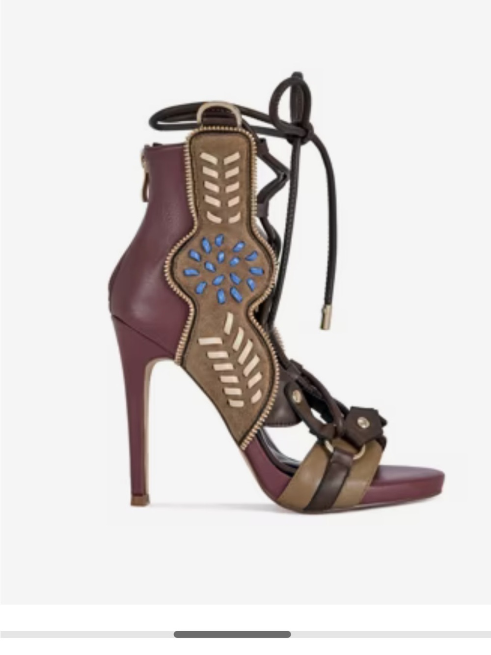 Lace-Up High Heel Sandal in Burgundy and Olive with Blue Accents